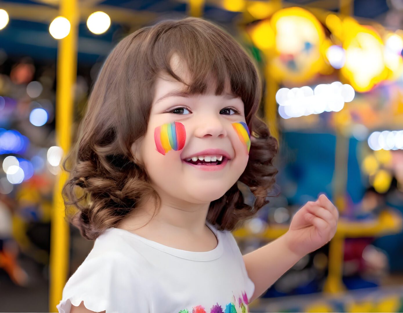 Smiling child with rainbow face paint at carnival