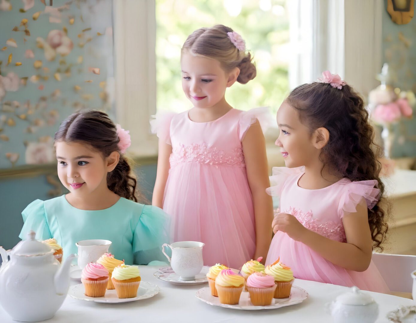 Three girls enjoying tea party with cupcakes