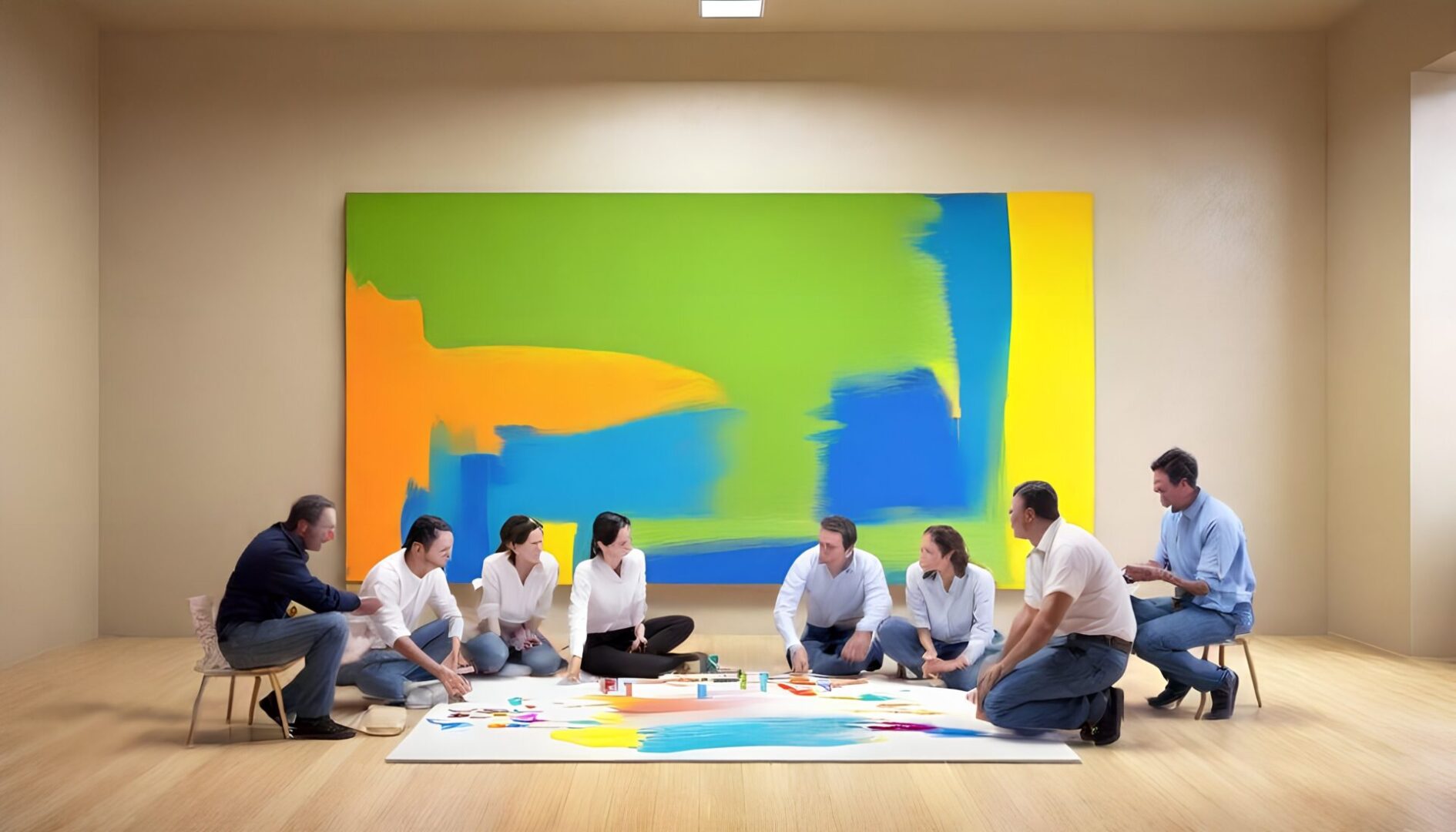 Team collaborating on large colorful abstract painting