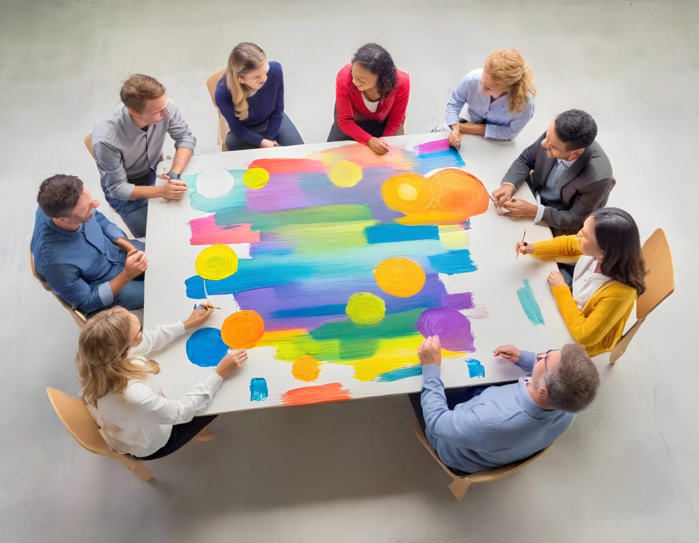Team collaborating on large colorful abstract painting