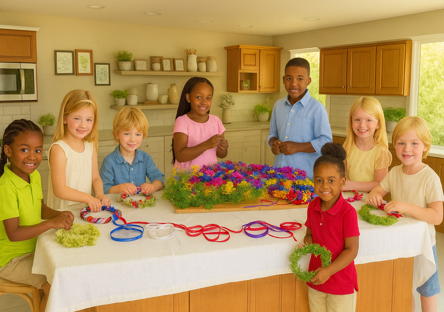 Children crafting colorful flower wreaths around table