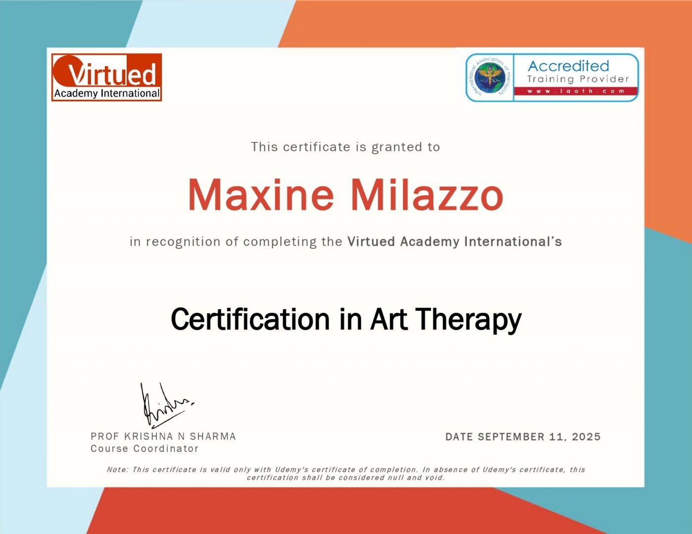 Certificate for art therapy completion