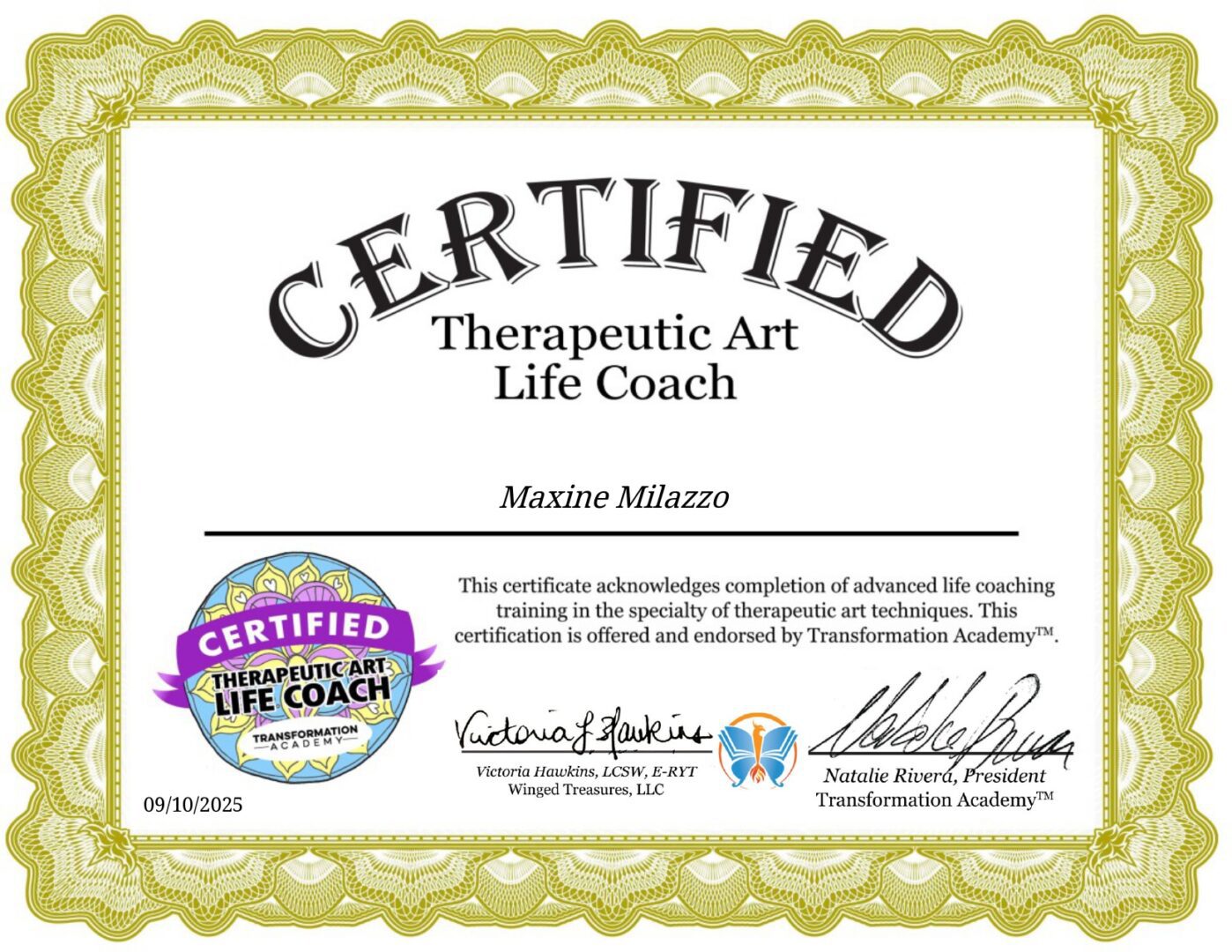 Therapeutic Art Life Coach certificate with gold border