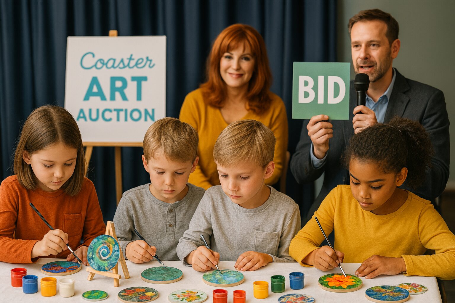 Children painting coasters at art auction