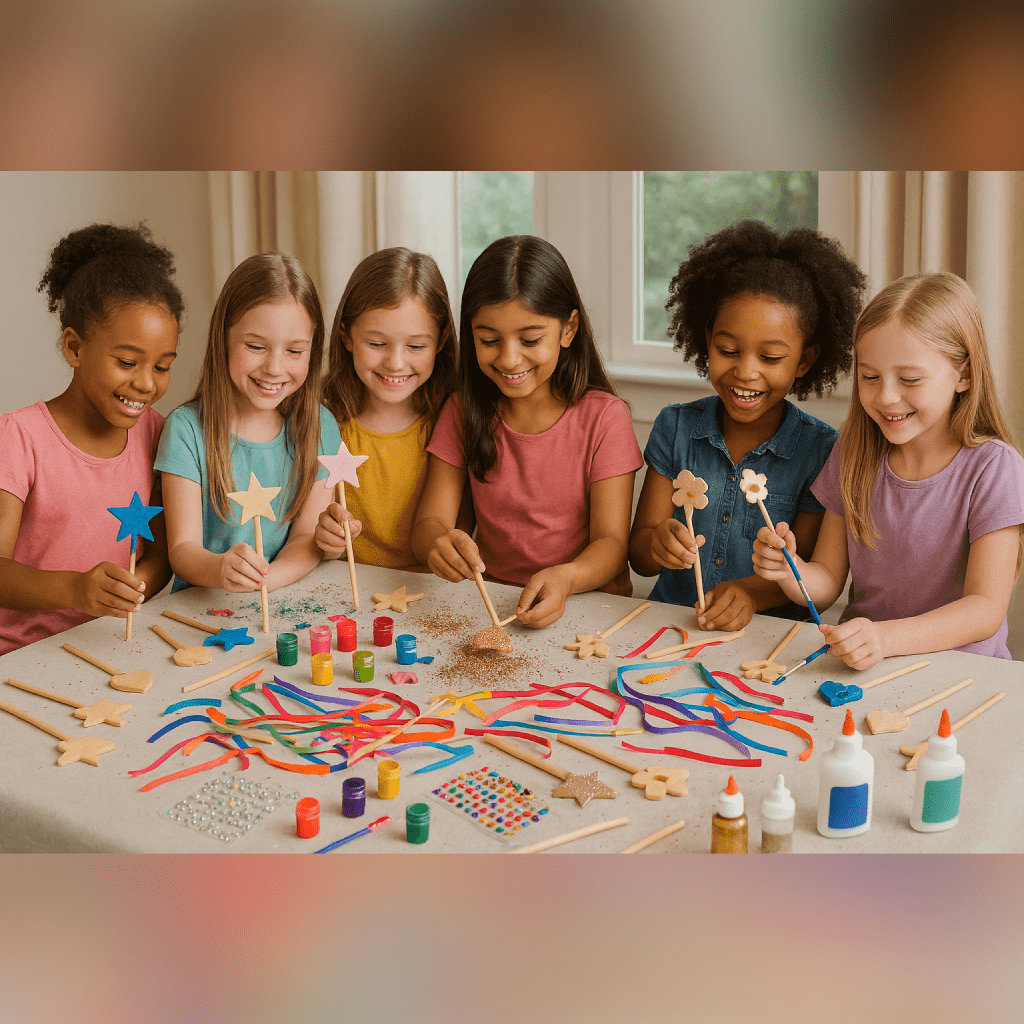 Group of girls making colorful craft wands