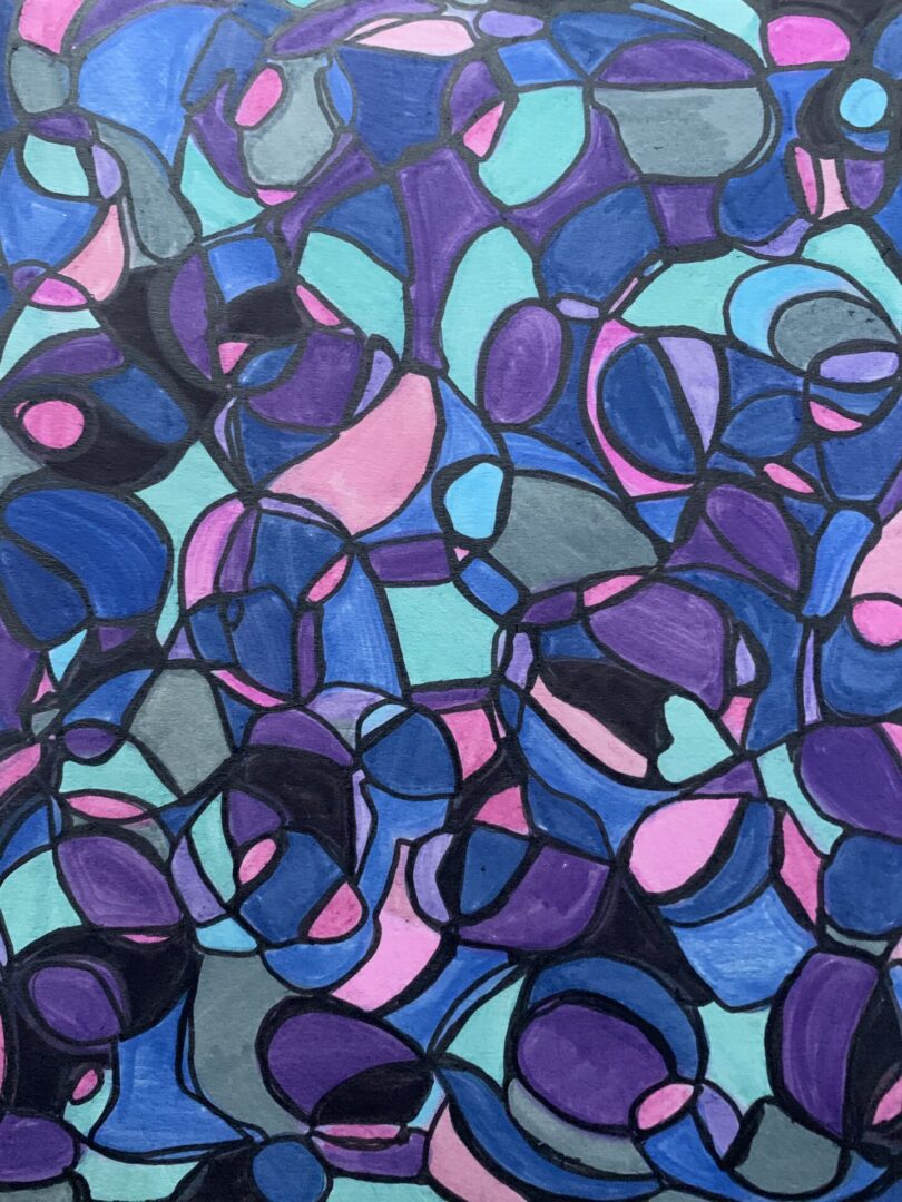 Abstract mosaic of purple, teal, and pink shapes