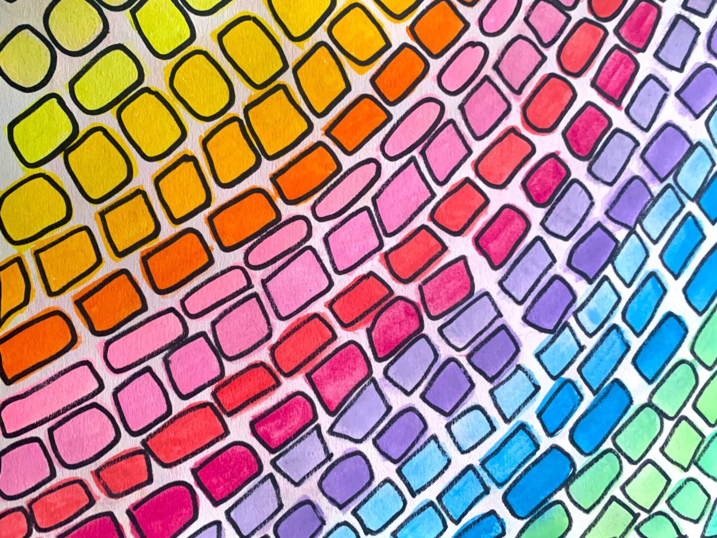 Rainbow mosaic of rounded rectangular watercolor tiles