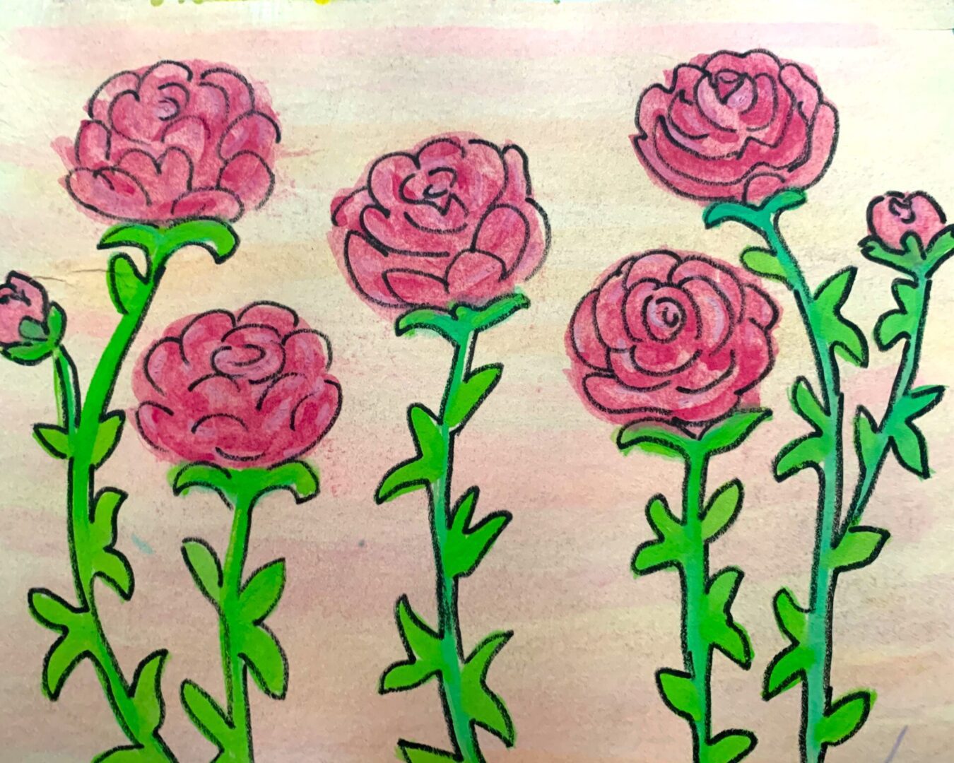 Hand drawn pink roses with green stems