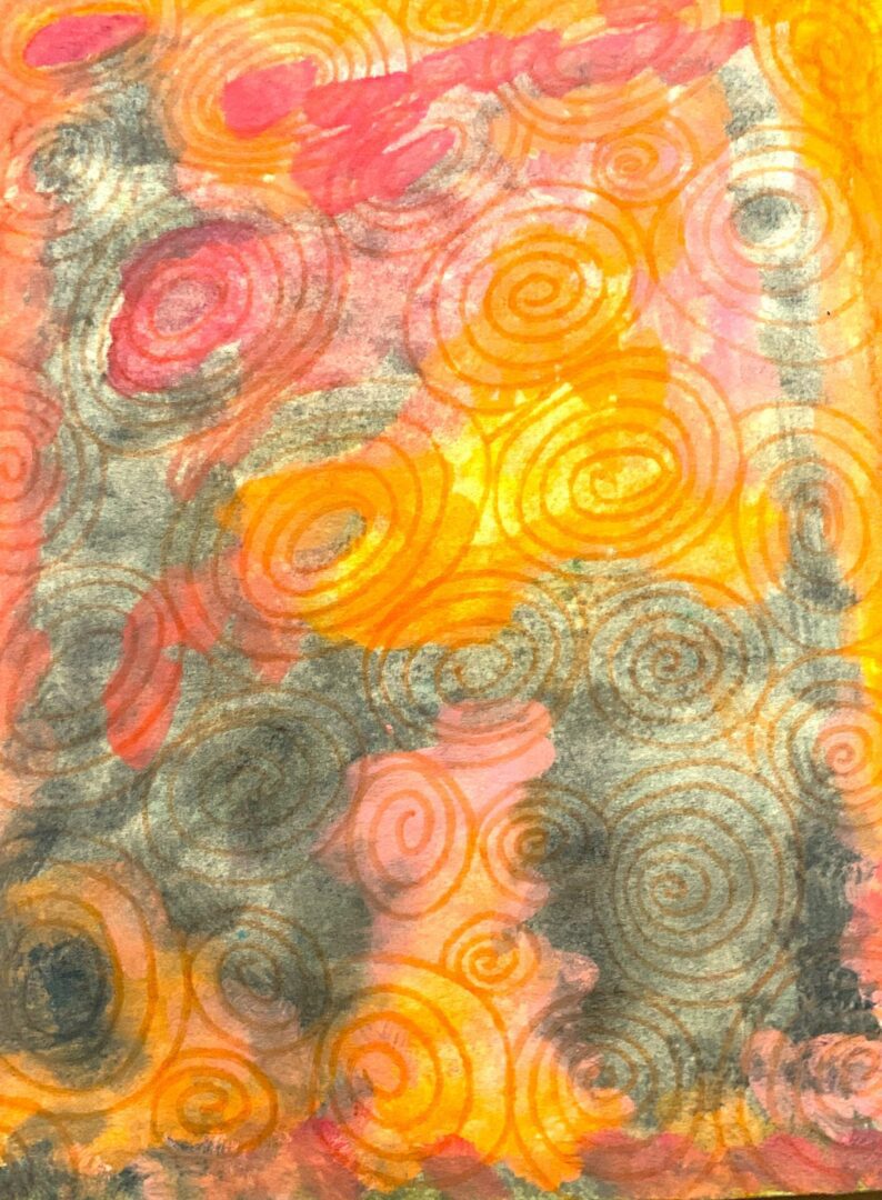 Abstract orange, pink, and gray watercolor spirals