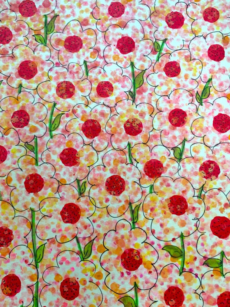Patterned pink flowers with red centers