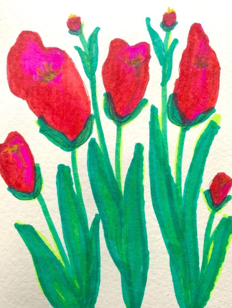 Hand-painted red tulips with green leaves