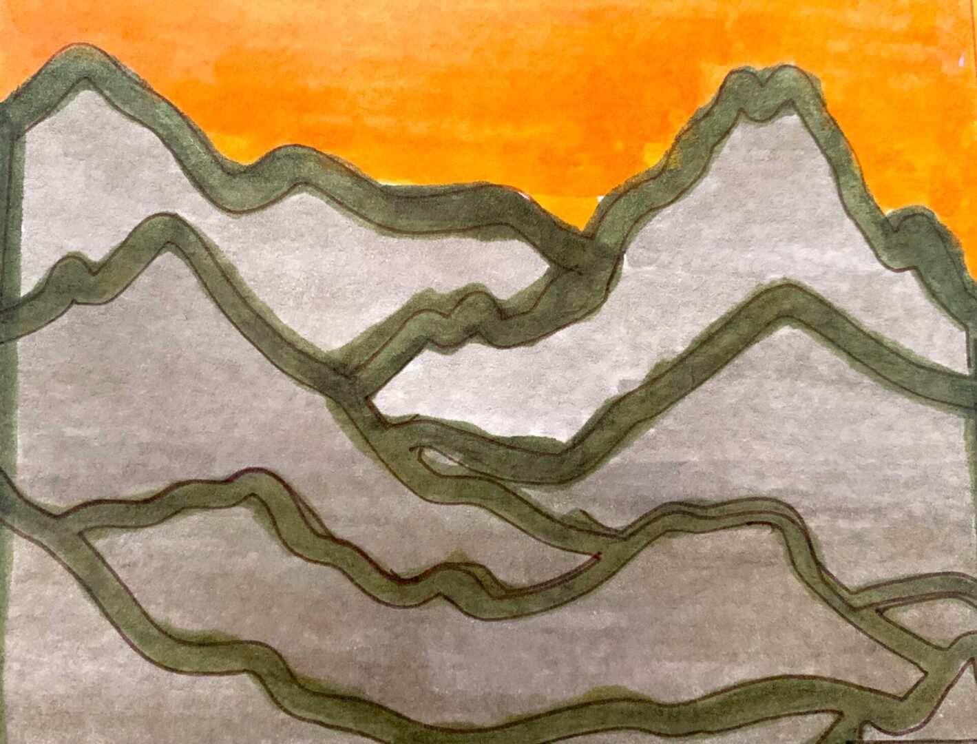 Abstract green-outlined mountain painting with orange sky