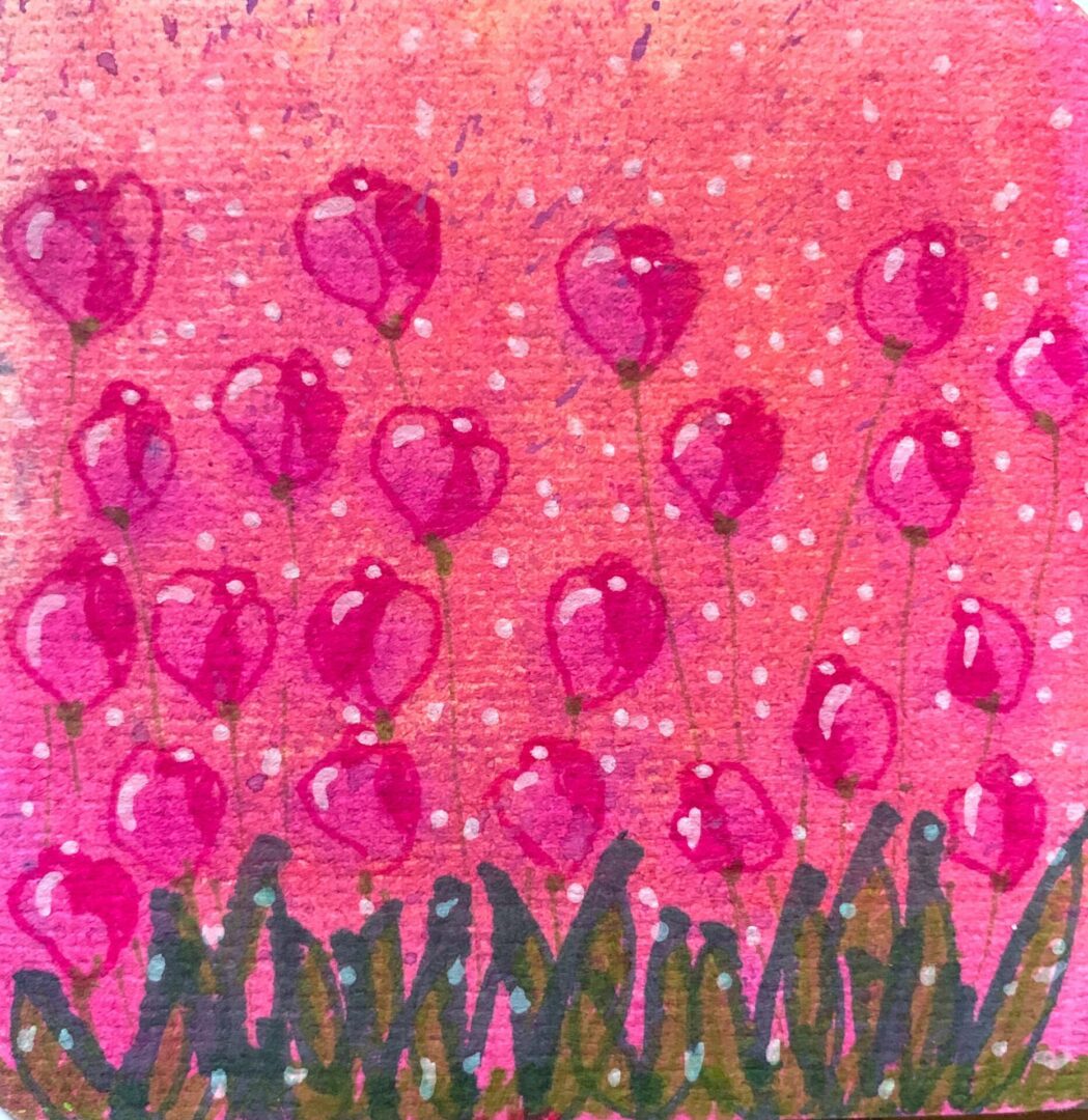 Pink watercolor heart-shaped flowers with stems