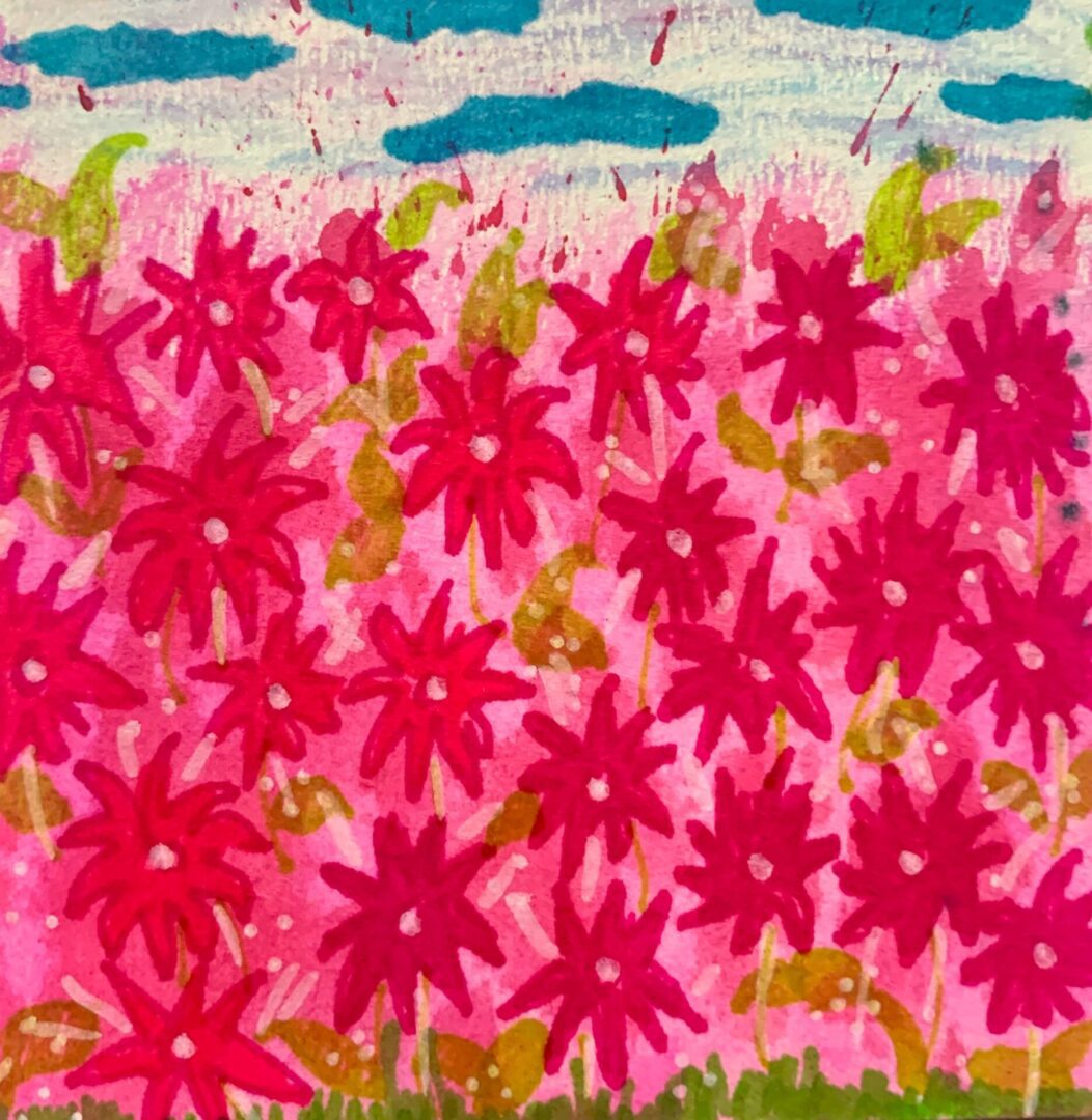 Vibrant pink floral painting with blue clouds