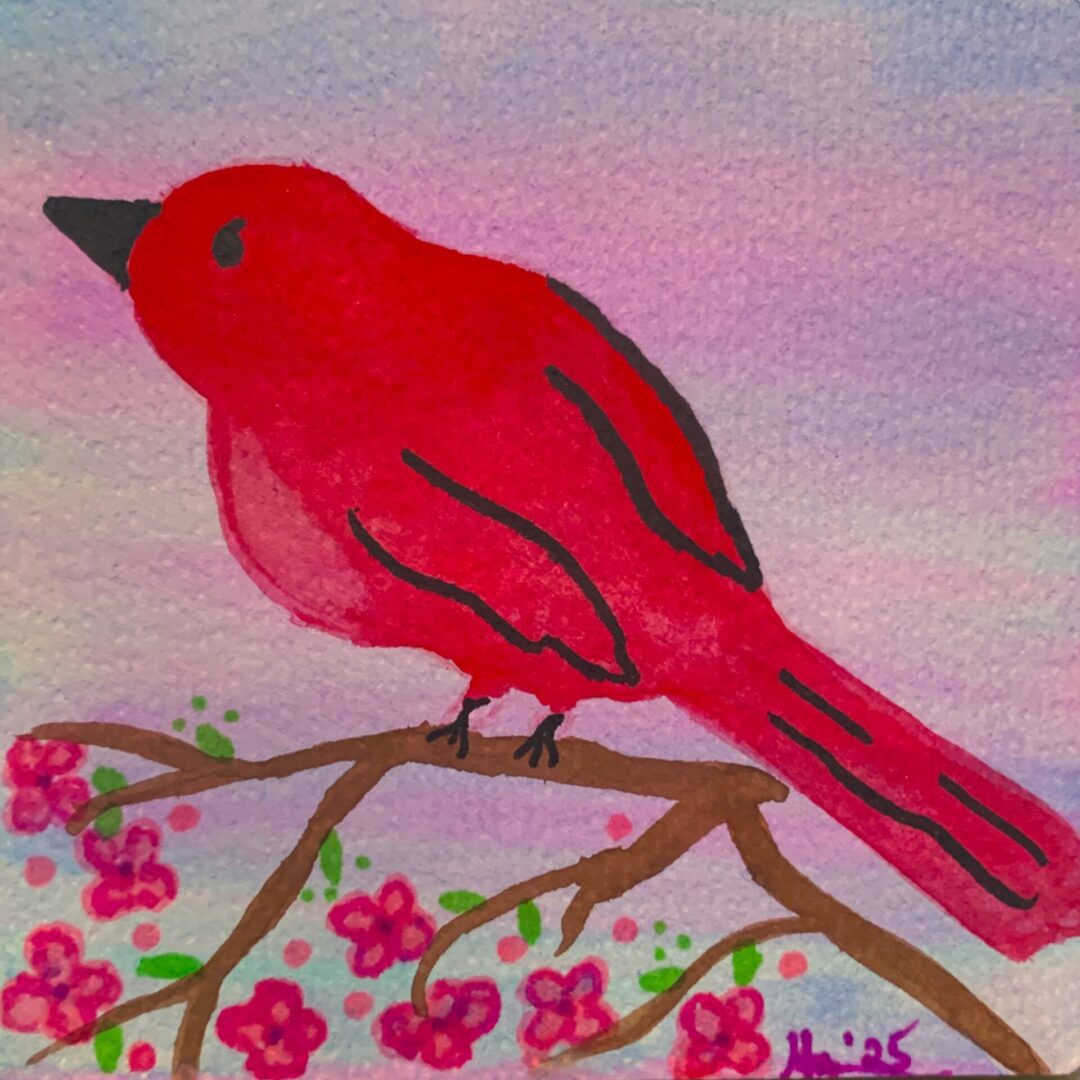 Red bird on flowering branch watercolor painting