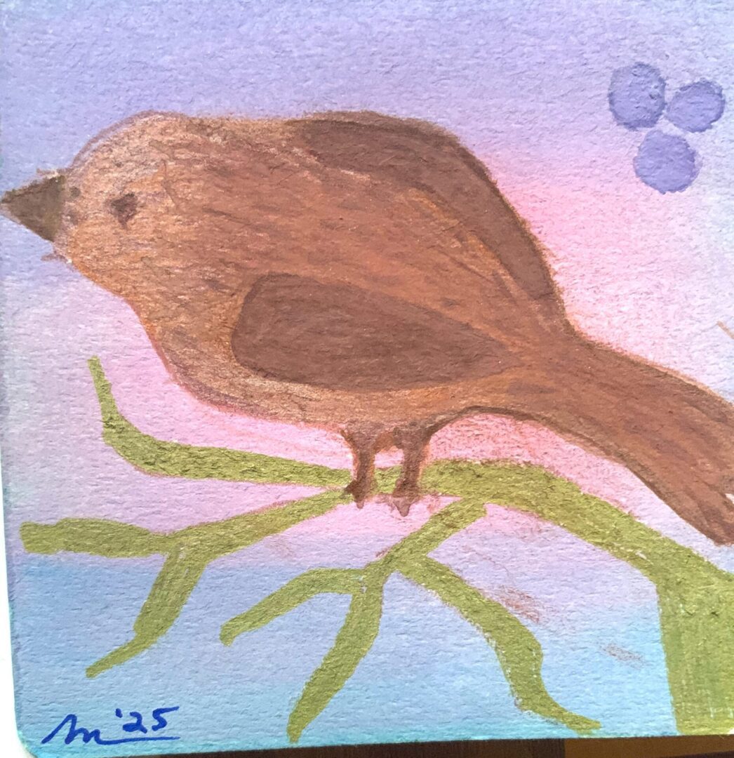 Watercolor brown bird perched on branch