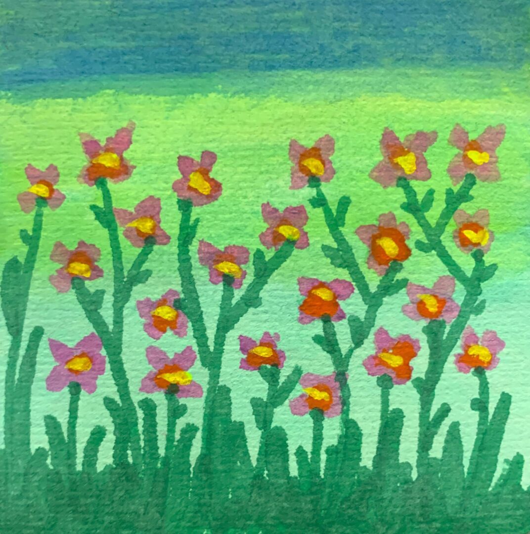 Watercolor painting of wildflowers in green field