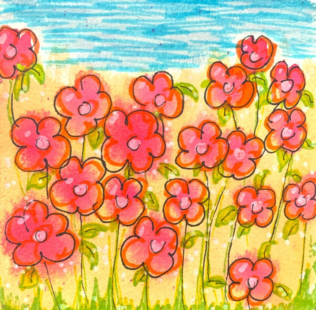 Watercolor pink wildflowers under blue sky