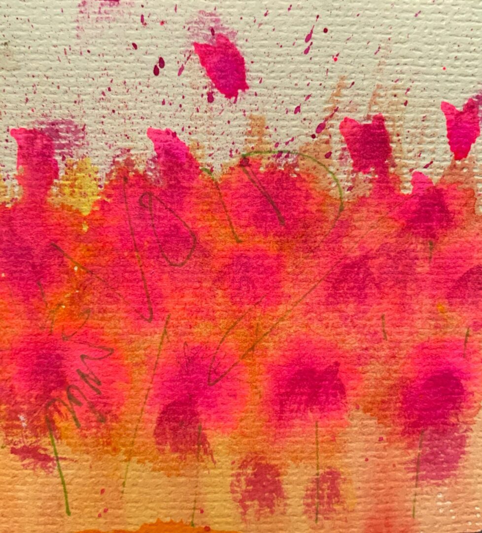 Textured watercolor painting pink and orange blooms