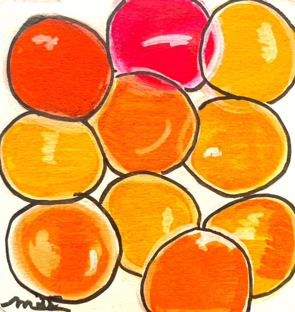 Watercolor painting of orange and pink circles