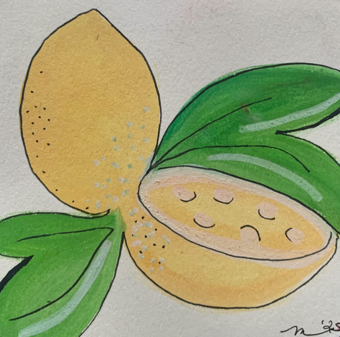 Watercolor lemon illustration with green leaves