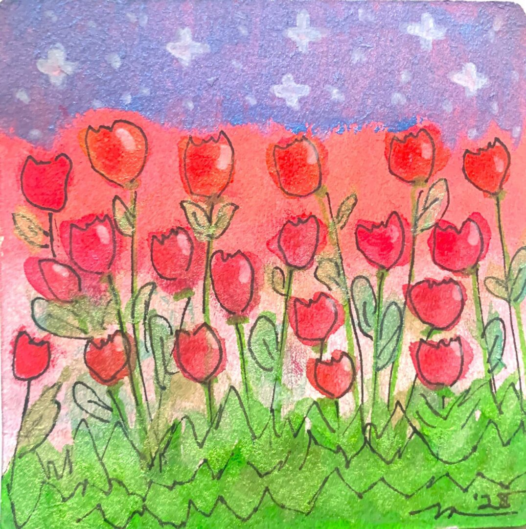 Watercolor painting of red tulips and stars