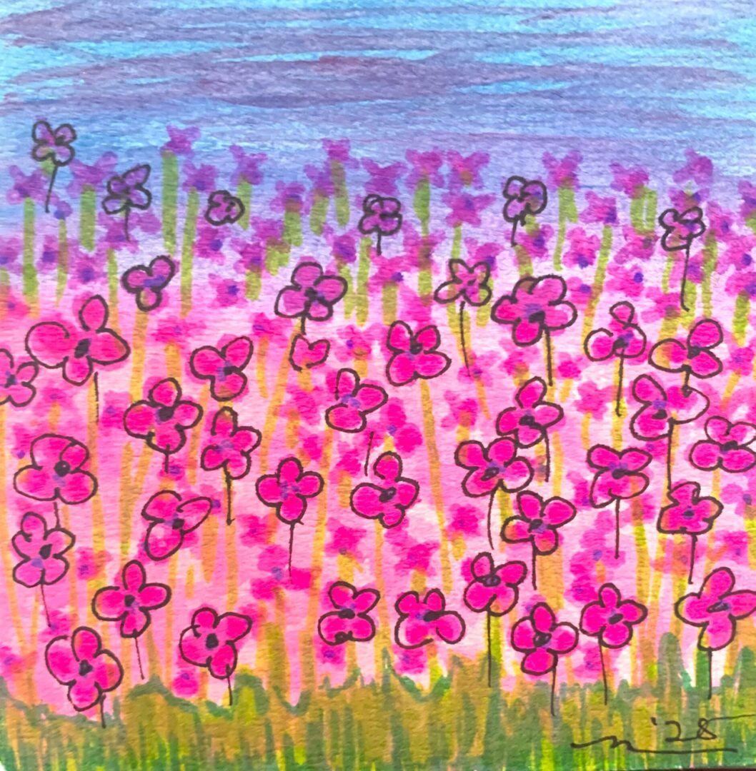 Colorful crayon drawing of pink flower field