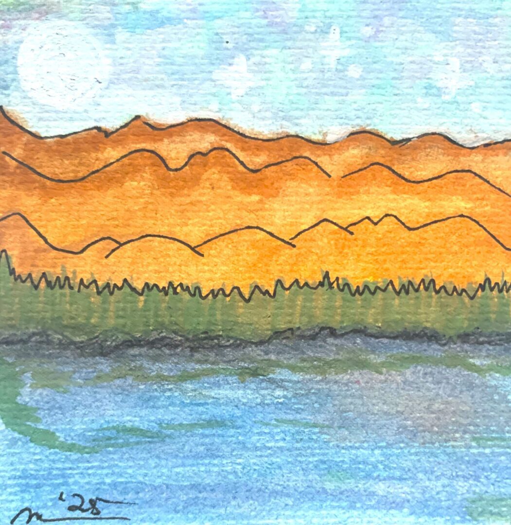 Watercolor painting of orange mountains, forest, lake