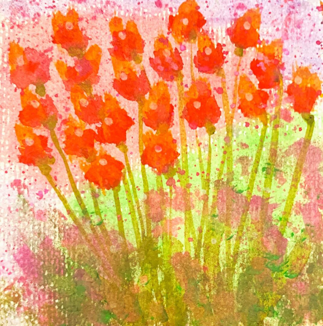 Abstract watercolor red flowers with green stems