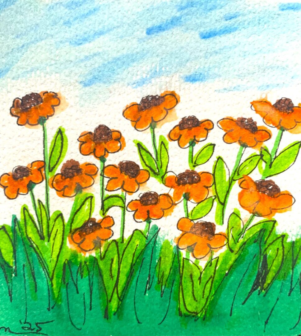 Watercolor orange flowers in grassy meadow