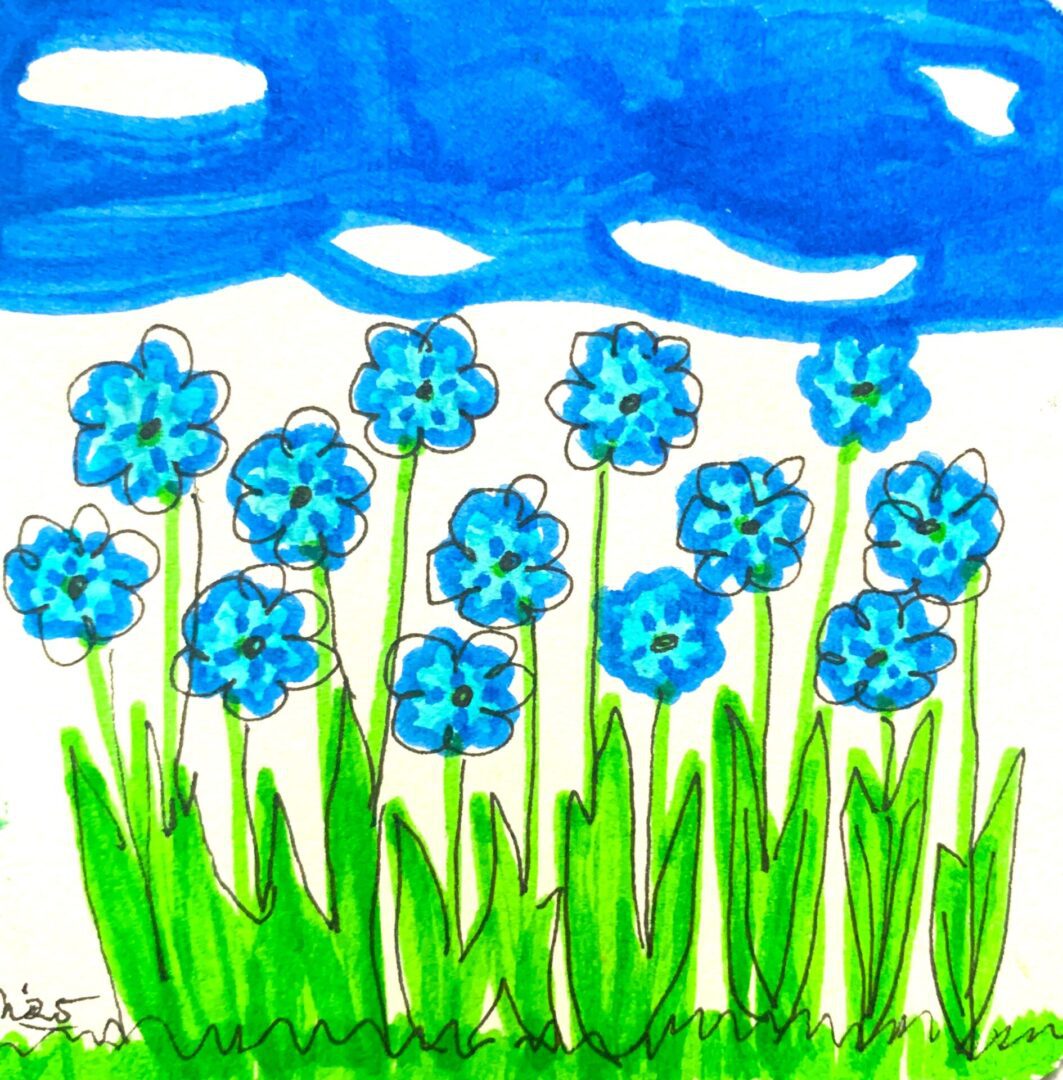 Illustration of blue flowers with green leaves