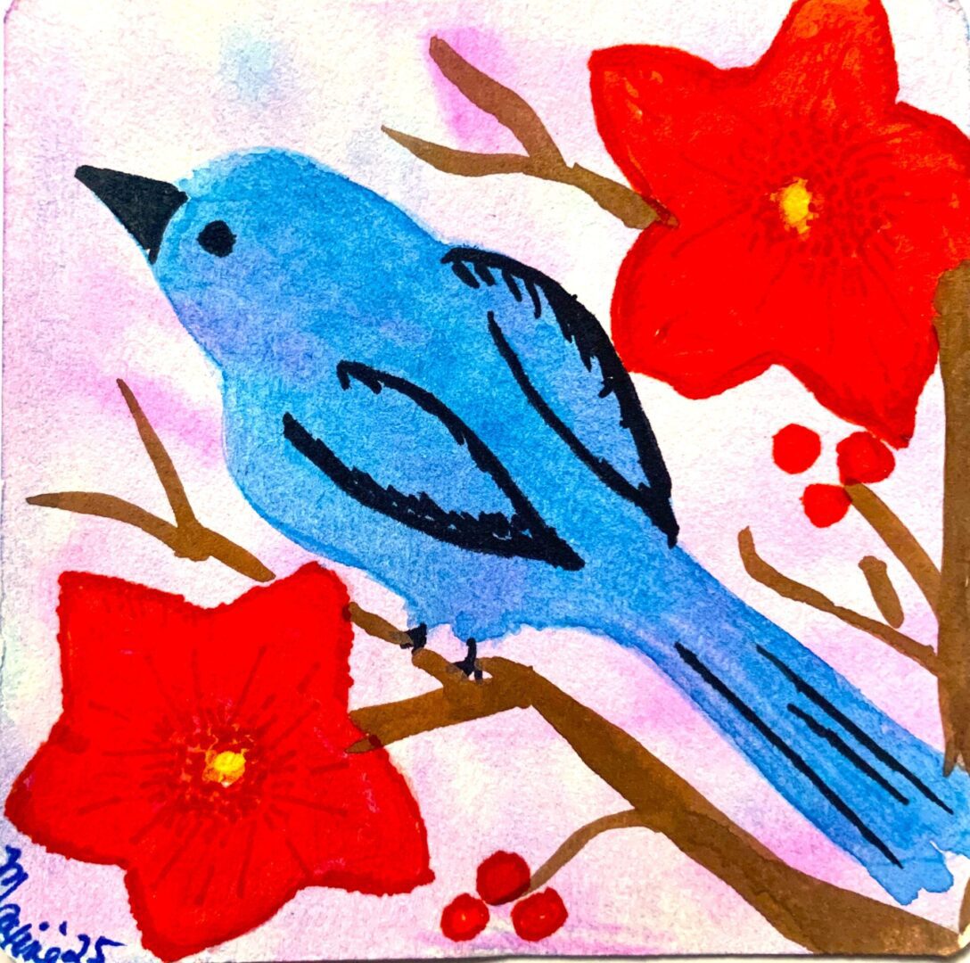 Blue bird watercolor on branch with red flowers