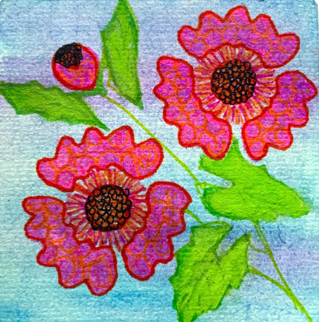 Bright pink watercolor flowers with green leaves