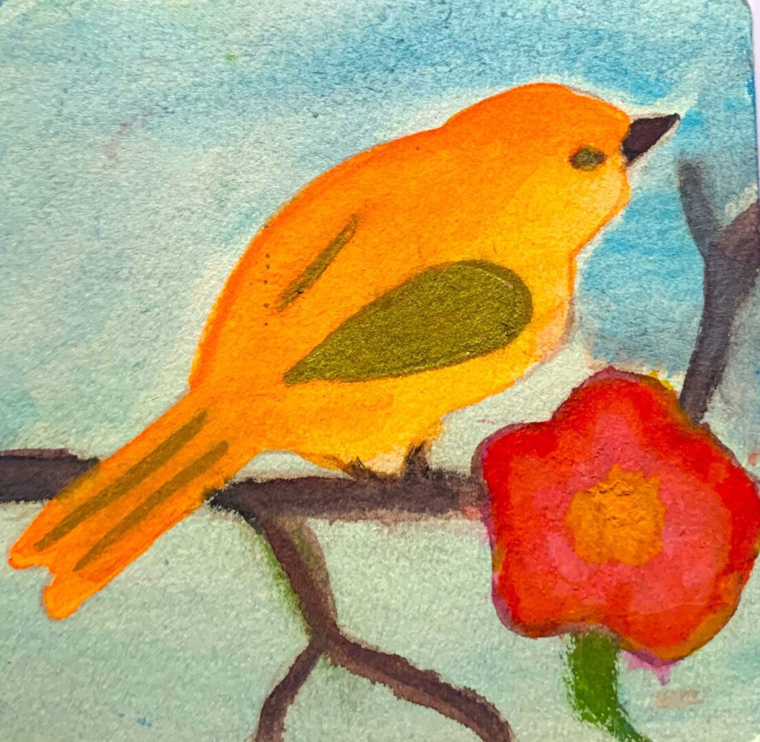 Watercolor yellow bird on branch with red flower