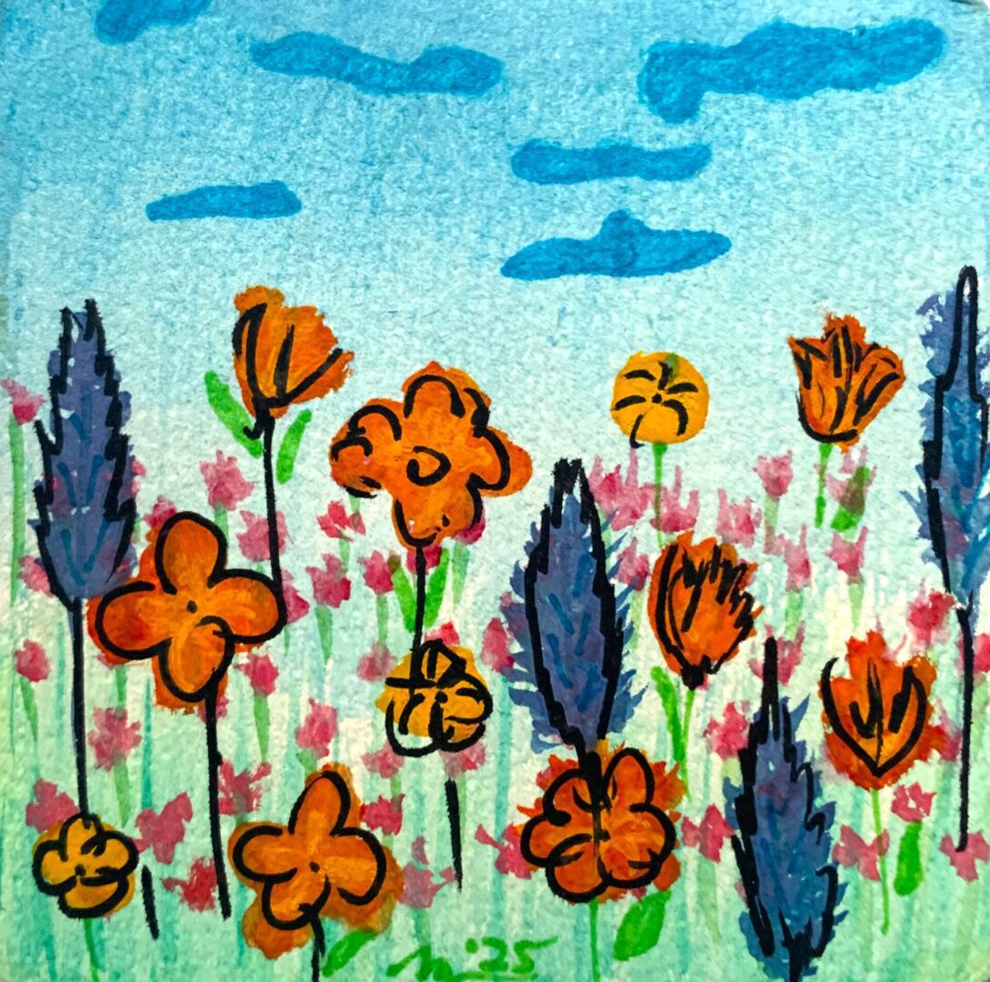 Colorful watercolor wildflower field with blue sky