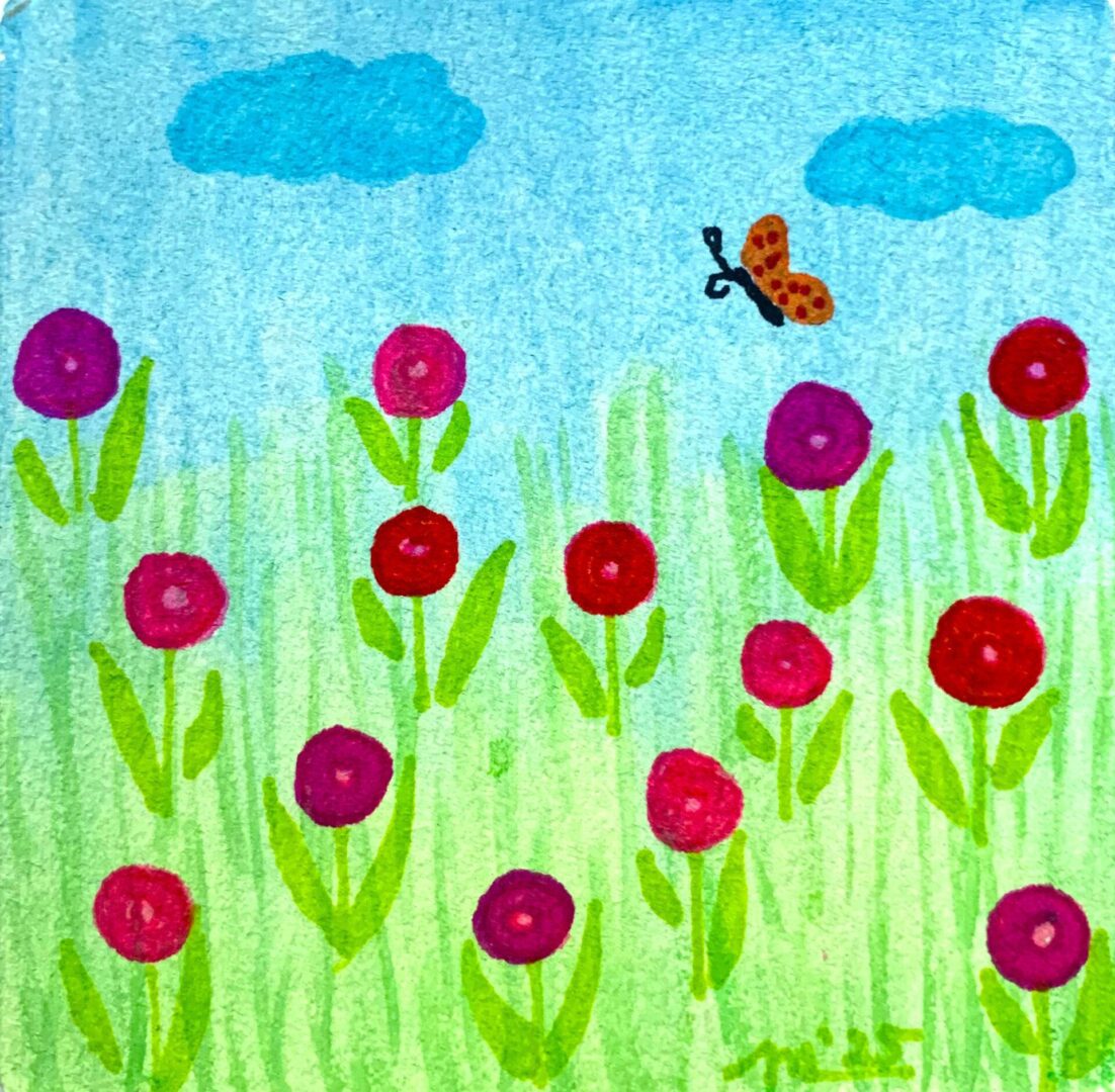 Whimsical floral painting with butterfly and clouds