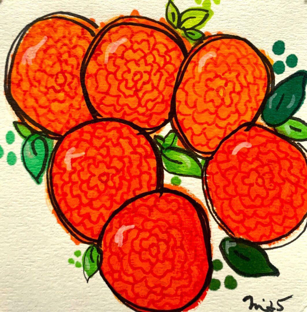 Illustration of six stylized oranges with leaves