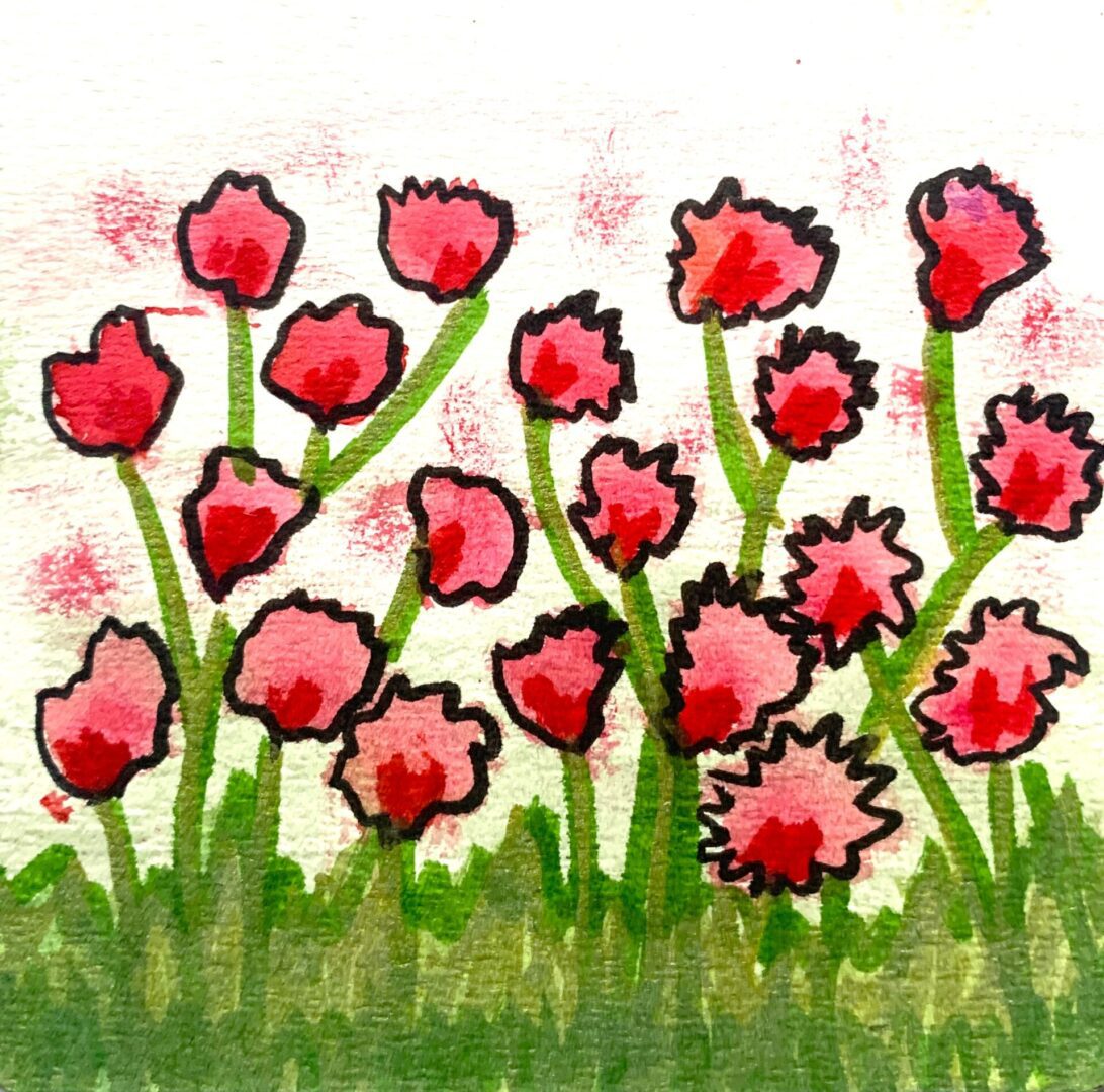 Watercolor pink wildflowers in green grass