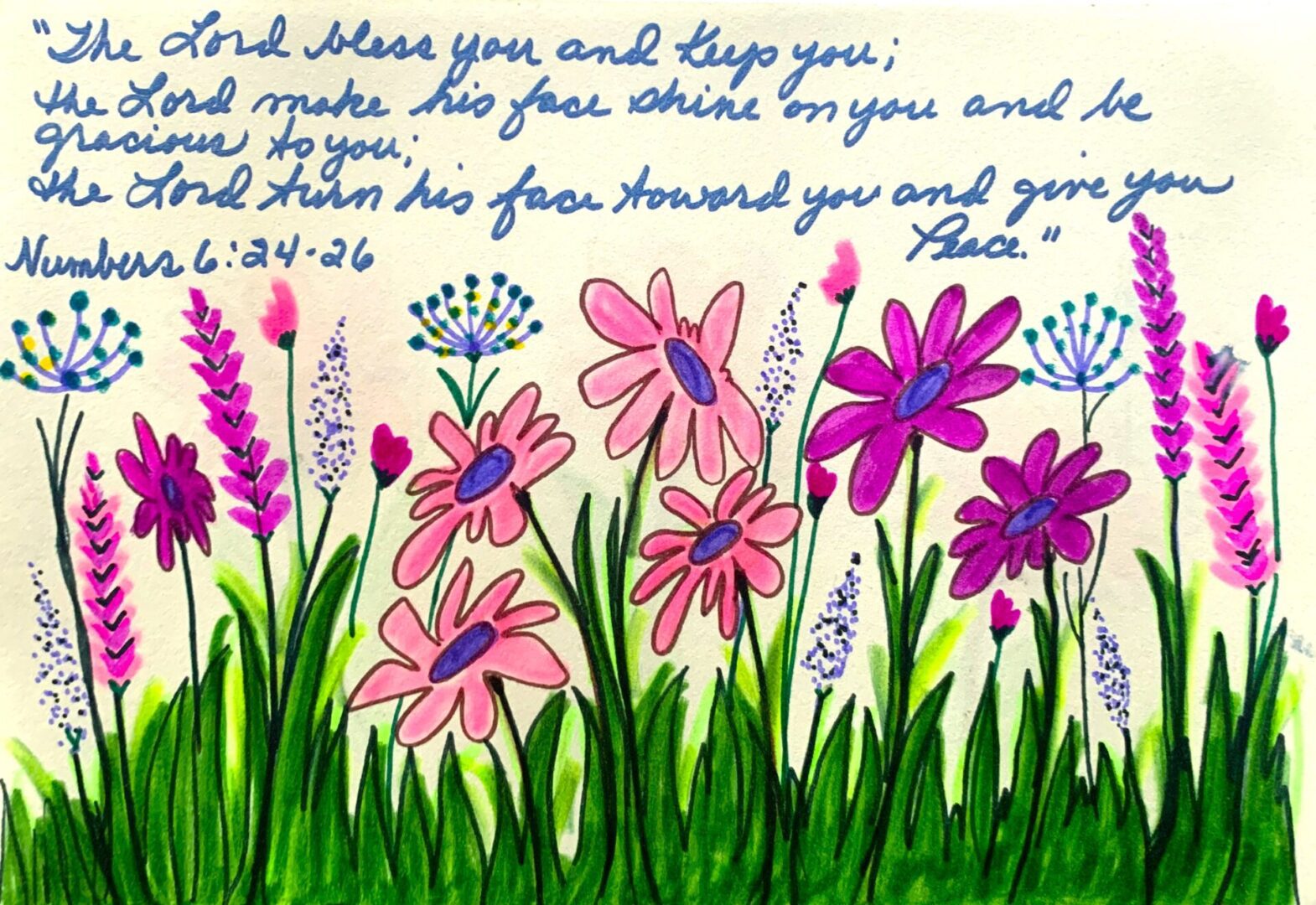 Handwritten Bible verse above pink and purple flowers