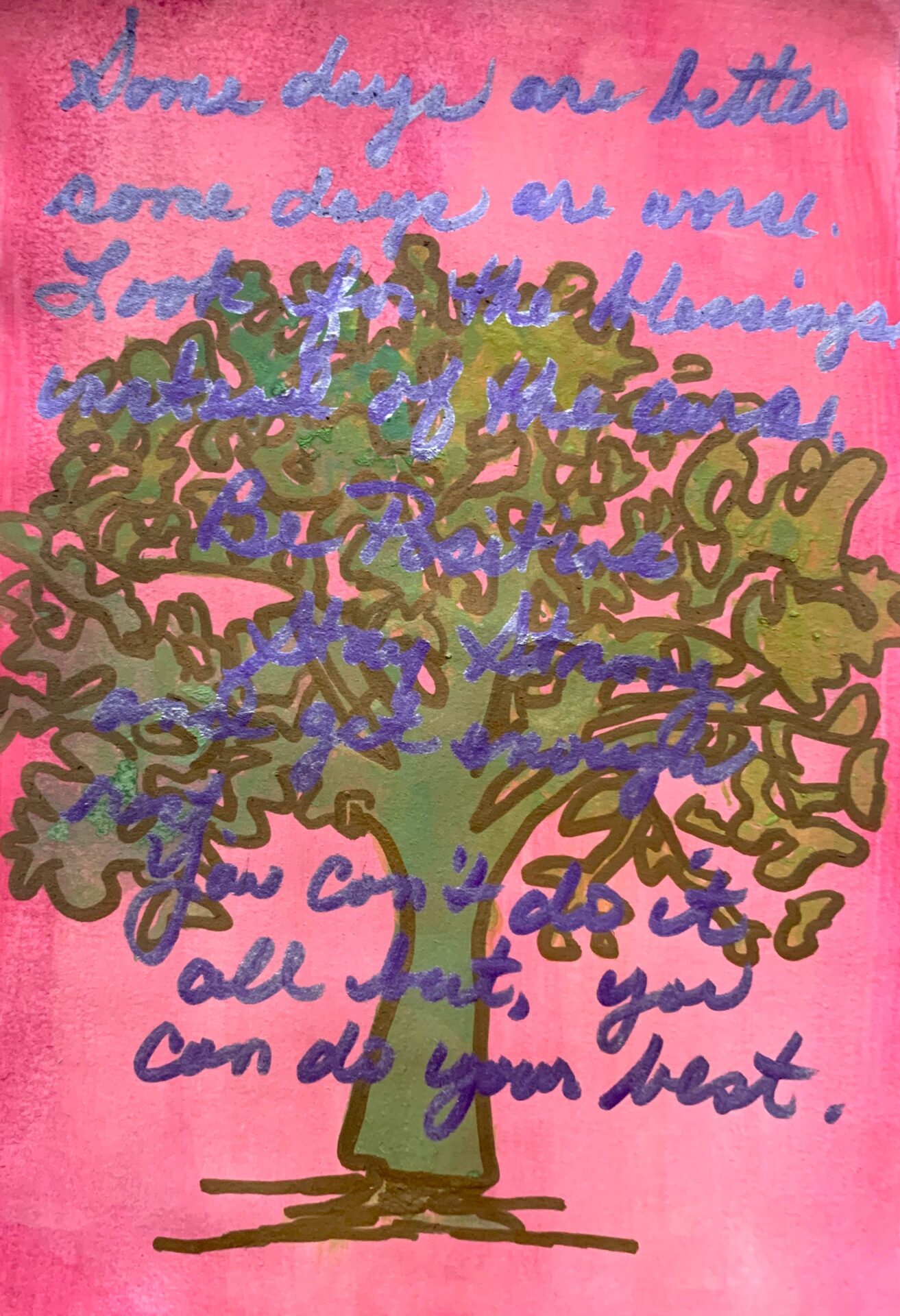 Green tree painting with handwritten blue text