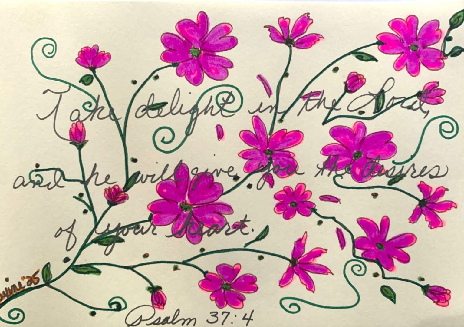 Hand-drawn pink flowers with Psalm 37:4