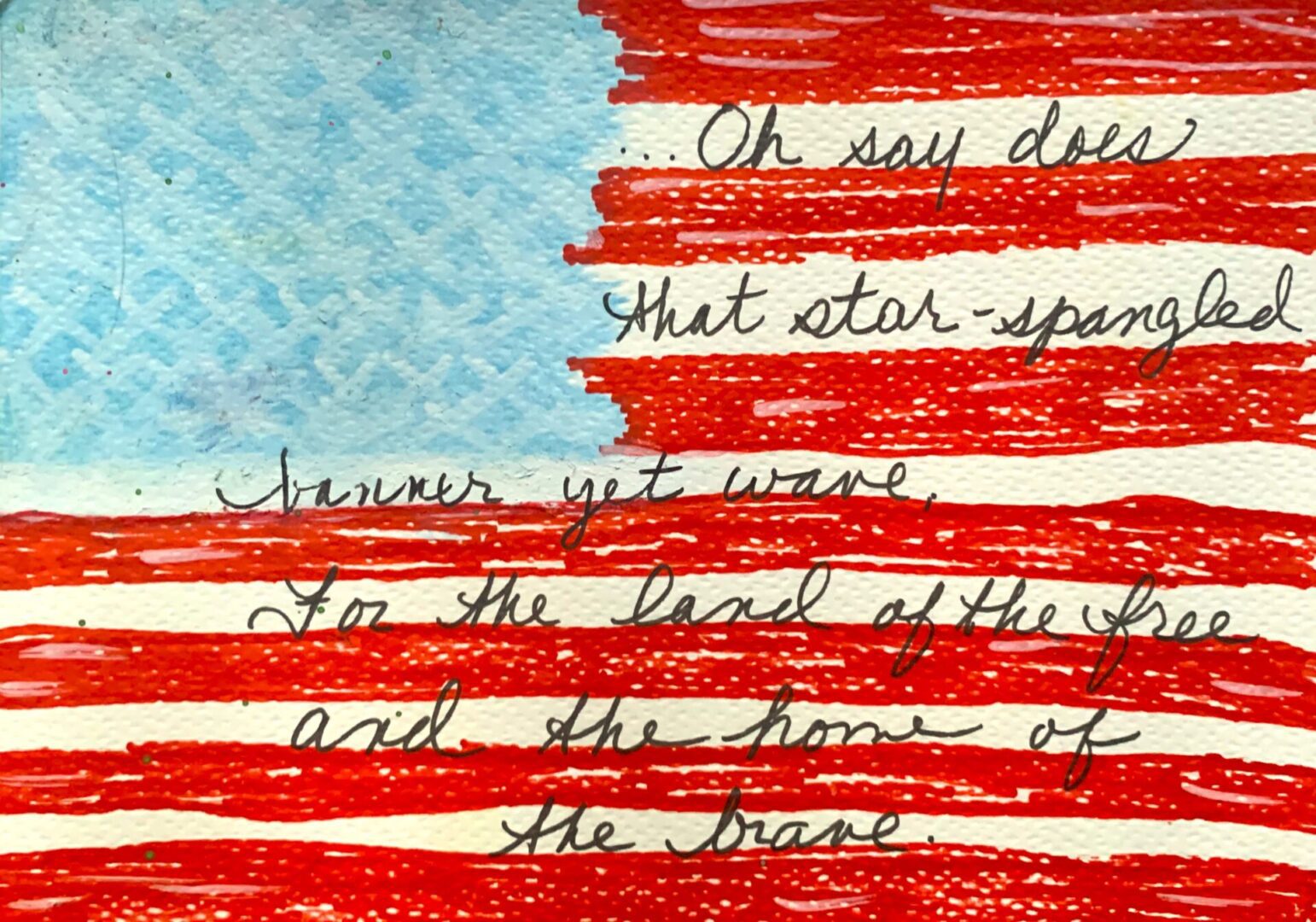 American flag illustration with handwritten anthem lyrics