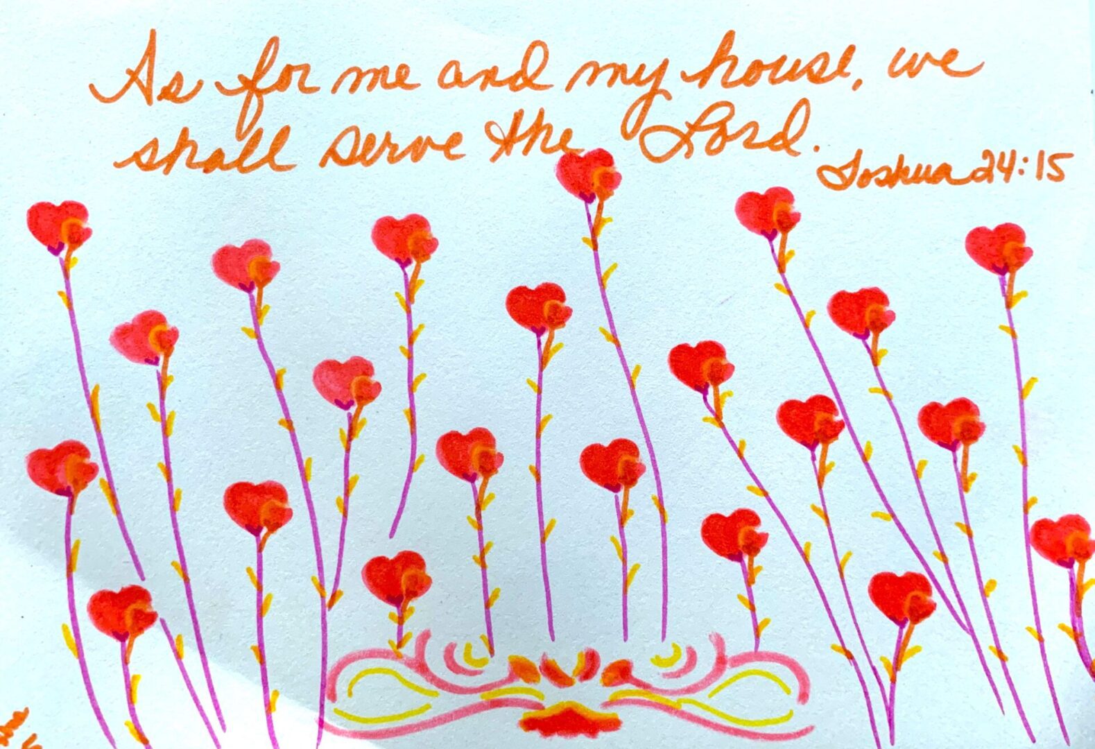 Red heart flowers with handwritten Bible verse