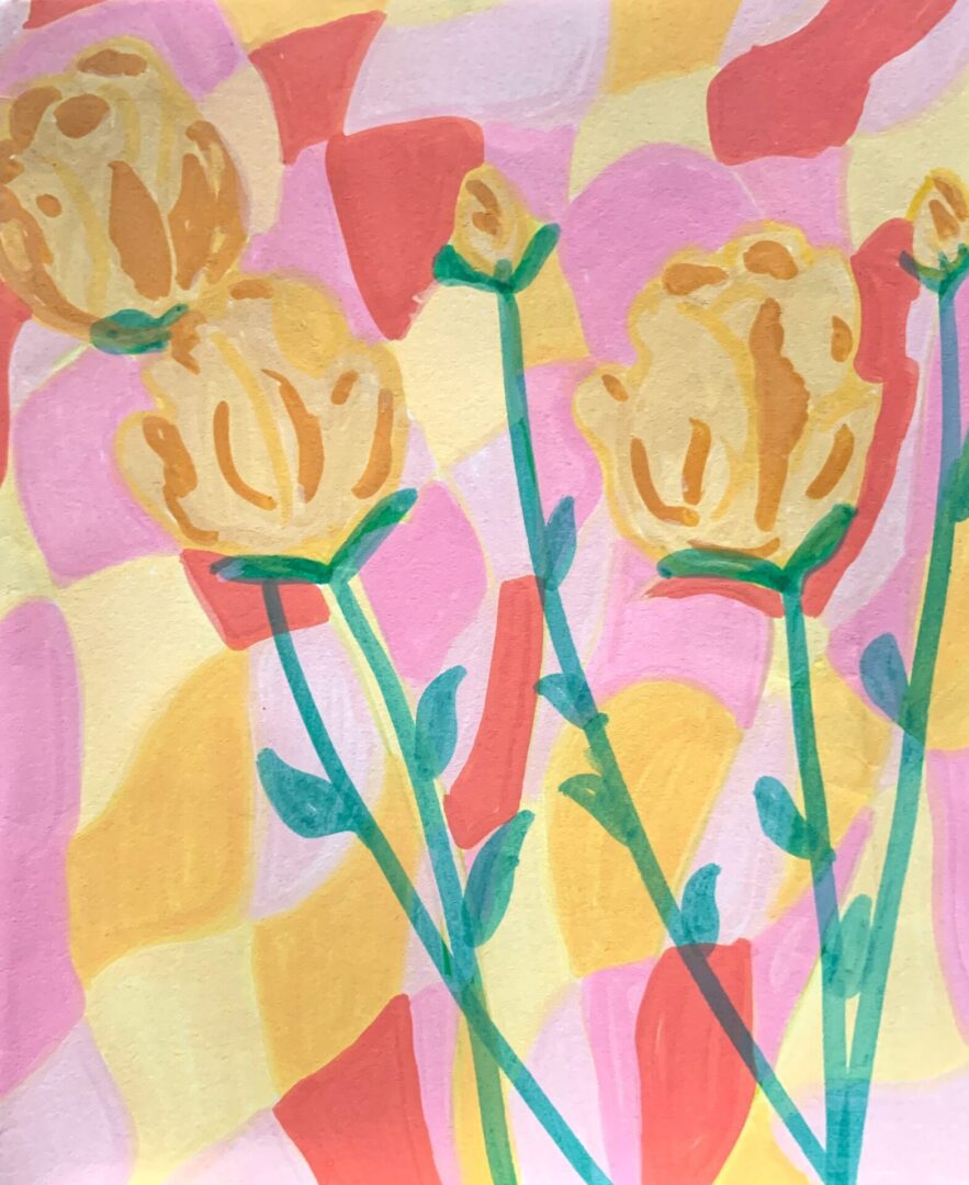 Stylized yellow tulips with colorful abstract background