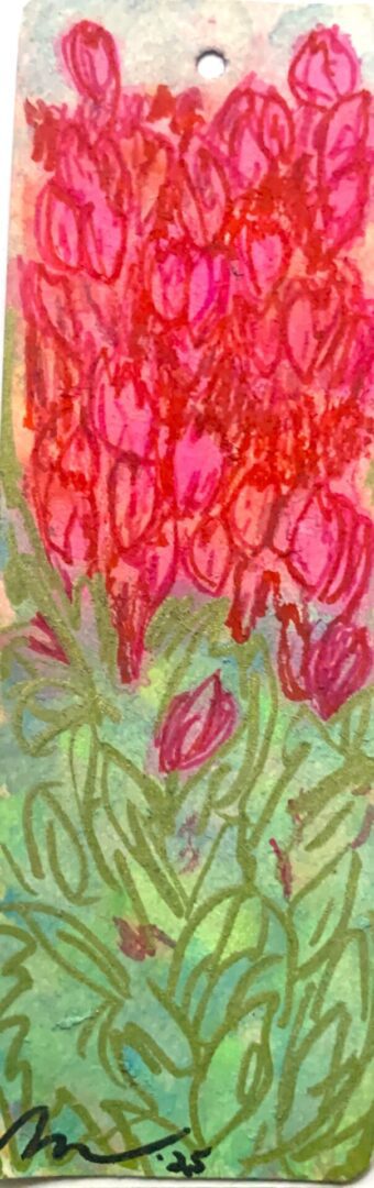 Pink floral watercolor sketch with green leaves