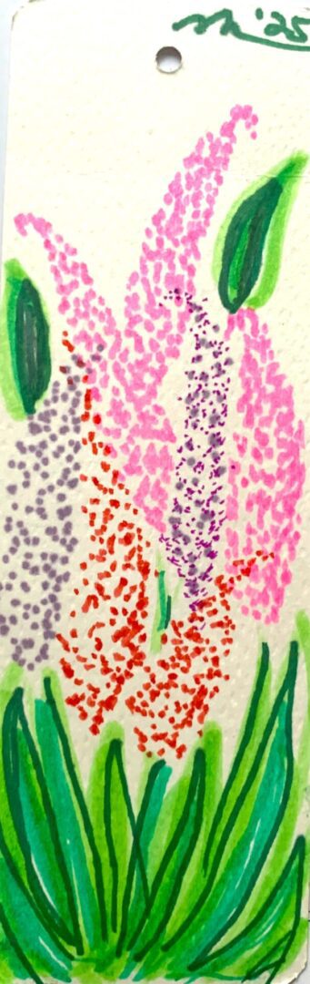 Hand-painted floral tag with pink and purple flowers