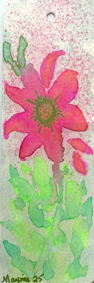 Pink watercolor flower with green leaves