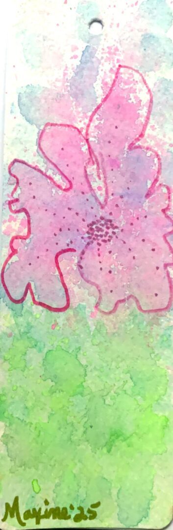 Pink watercolor flower on green wash background