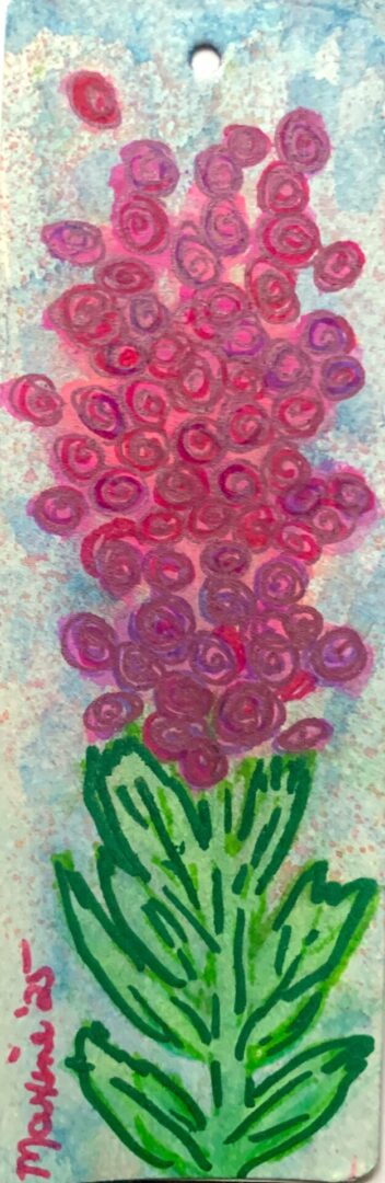 Painted pink floral bookmark with green leaves