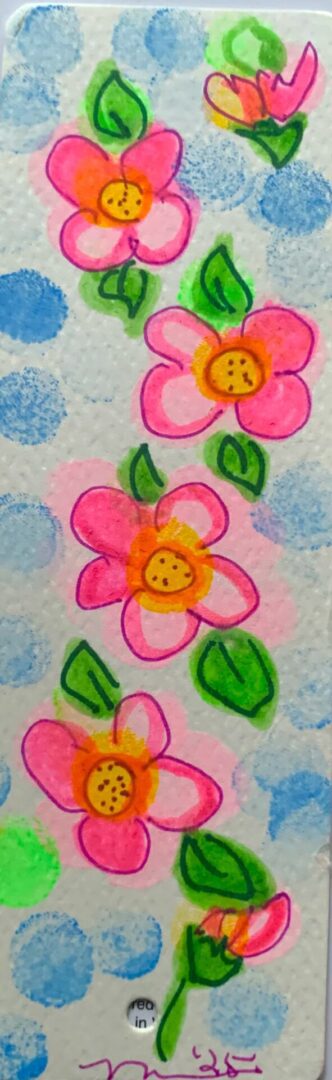 Vertical pink flowers with yellow centers and leaves